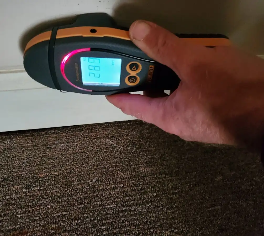 Moisture detection at baseboard during Storm Damage Restoration in Sunbury